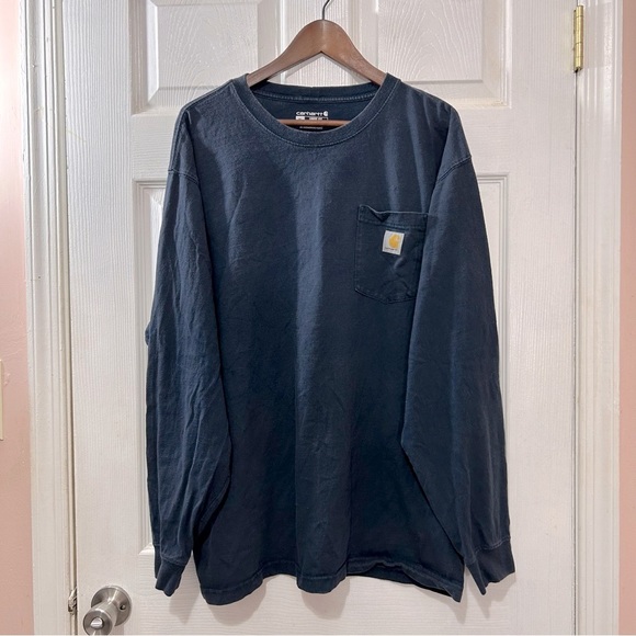 Carhartt Long Sleeve Pocket T-Shirt Men's Graphic Back Navy Size XL - Picture 1 of 7